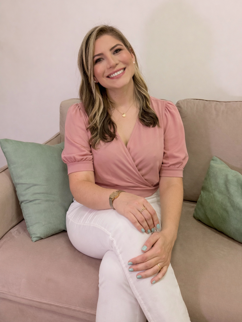 Jéssica Helena dos Santos, psicóloga, sentada em um sofá